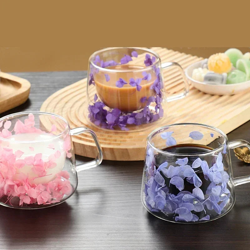200Ml Double Wall Coffee Mug with Handles Transparent Flowers Clear Milk Cups Fill Artificial Simulation Drinkware Glass for Bar