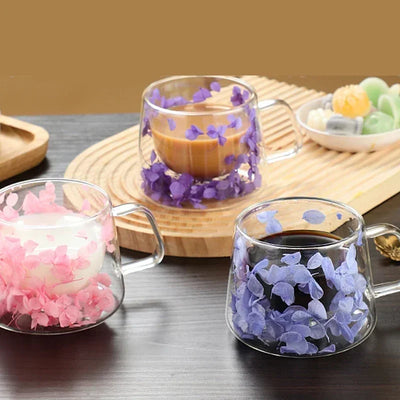 200Ml Double Wall Coffee Mug with Handles Transparent Flowers Clear Milk Cups Fill Artificial Simulation Drinkware Glass for Bar