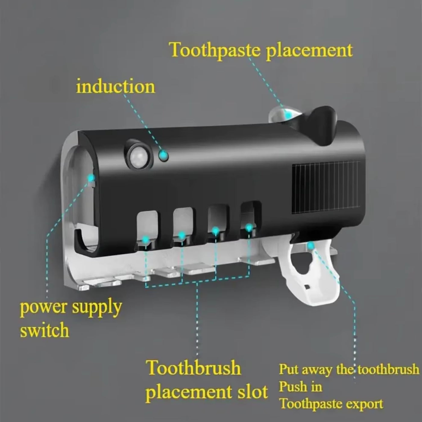Wall Mounted Toothpaste Dispenser with 4 Toothbrush Slots, Toothbrush Cleaning Rack, Bathroom Accessories, No Drilling Required