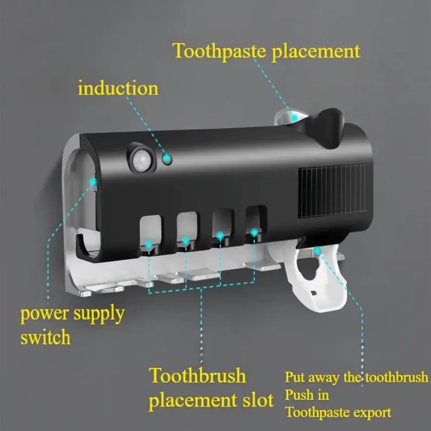 Wall Mounted Toothpaste Dispenser with 4 Toothbrush Slots, Toothbrush Cleaning Rack, Bathroom Accessories, No Drilling Required