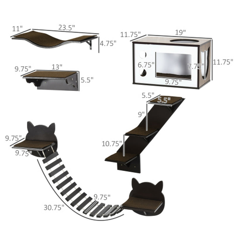 Pawhut Cat Shelves with Ergonomically Curved Platform, Cozy Cat House, Bridge, Easy Stairs, and Flat Perch, Wall-Mounted Cat Tree Climbing Playground, Modern Cat Tree, Coffee Brown