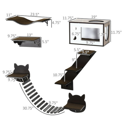 Pawhut Cat Shelves with Ergonomically Curved Platform, Cozy Cat House, Bridge, Easy Stairs, and Flat Perch, Wall-Mounted Cat Tree Climbing Playground, Modern Cat Tree, Coffee Brown