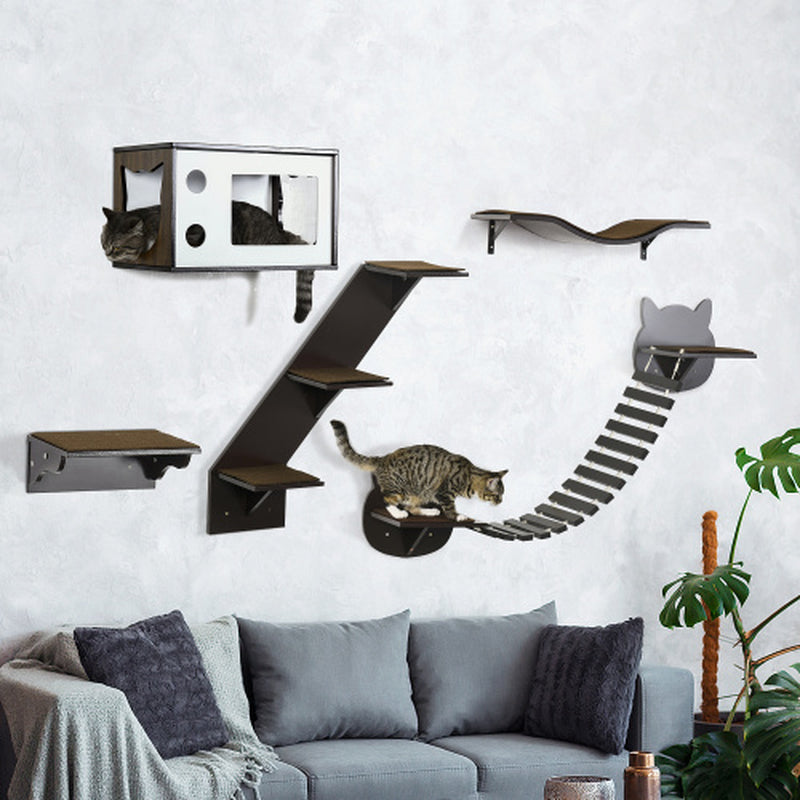 Pawhut Cat Shelves with Ergonomically Curved Platform, Cozy Cat House, Bridge, Easy Stairs, and Flat Perch, Wall-Mounted Cat Tree Climbing Playground, Modern Cat Tree, Coffee Brown