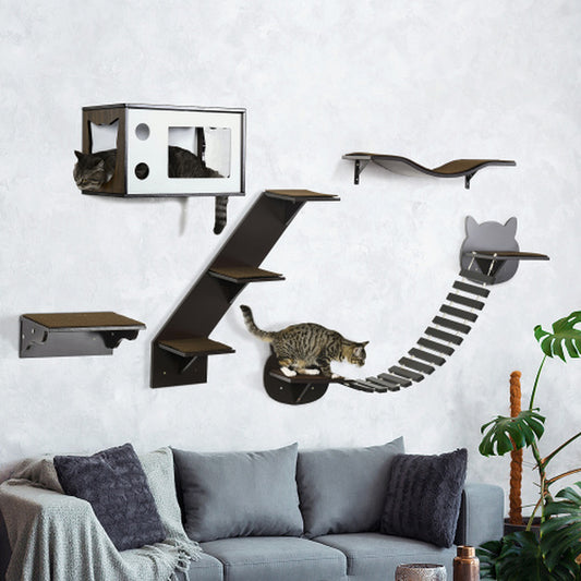 Pawhut Cat Shelves with Ergonomically Curved Platform, Cozy Cat House, Bridge, Easy Stairs, and Flat Perch, Wall-Mounted Cat Tree Climbing Playground, Modern Cat Tree, Coffee Brown