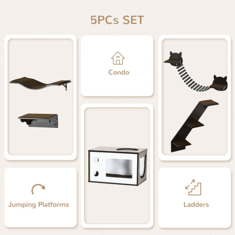 Pawhut Cat Shelves with Ergonomically Curved Platform, Cozy Cat House, Bridge, Easy Stairs, and Flat Perch, Wall-Mounted Cat Tree Climbing Playground, Modern Cat Tree, Coffee Brown