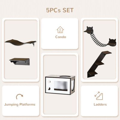 Pawhut Cat Shelves with Ergonomically Curved Platform, Cozy Cat House, Bridge, Easy Stairs, and Flat Perch, Wall-Mounted Cat Tree Climbing Playground, Modern Cat Tree, Coffee Brown