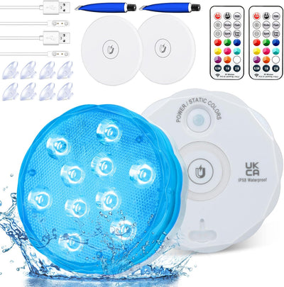 Rechargeable Submersible LED Lights with Remote, USB Color Changing Aquarium Lights with Magnet Suction Cups, Waterproof Underwater Pool Lights for Inground Pool Shower Hot Tub Accessories, 2Packs