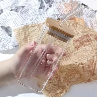 2PCS Square Heat Resistant Coffee Glass Cup with Lid and Straw Transparent Milk Tea Juice Cups Coffee Mug for Home Bar Drinkware