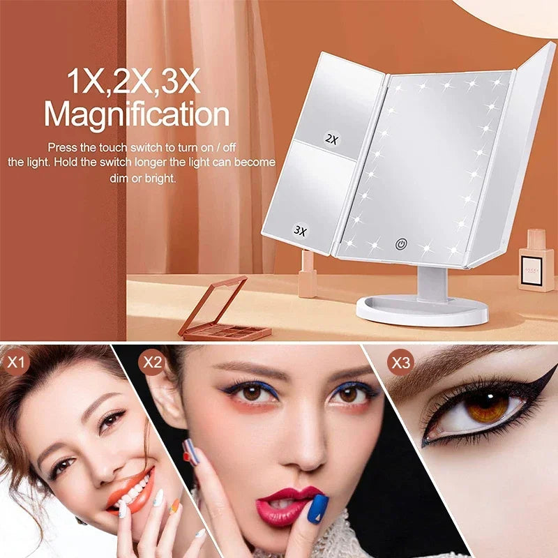 72 LED Light Desktop Vanity Mirror 1/2/3X Magnifying 