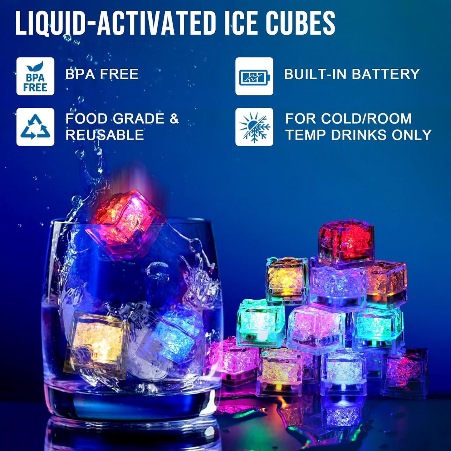 12 Pack Liquid-Activated Multi Color Led Ice Cubes 