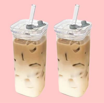 Square Glass Coffee Cup – Heat Resistant with Lid & Straw