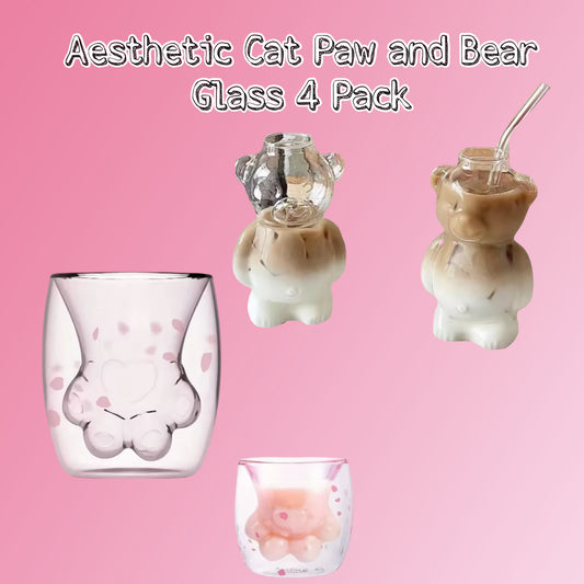 Aesthetic Cat Paw and Bear Shaped 4 Pack Glass Cups