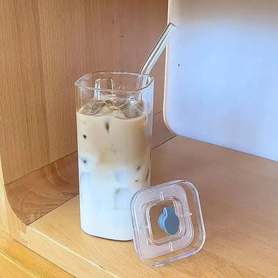 2PCS Square Heat Resistant Coffee Glass Cup with Lid and Straw Transparent Milk Tea Juice Cups Coffee Mug for Home Bar Drinkware