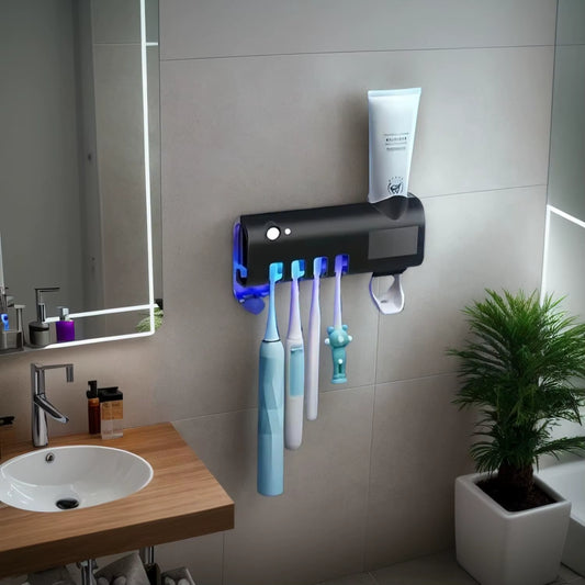 Wall Mounted Toothpaste Dispenser with 4 Toothbrush Slots, Toothbrush Cleaning Rack, Bathroom Accessories, No Drilling Required