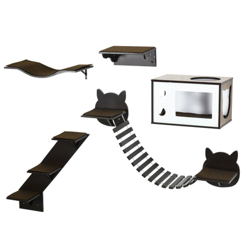 Pawhut Cat Shelves with Ergonomically Curved Platform, Cozy Cat House, Bridge, Easy Stairs, and Flat Perch, Wall-Mounted Cat Tree Climbing Playground, Modern Cat Tree, Coffee Brown