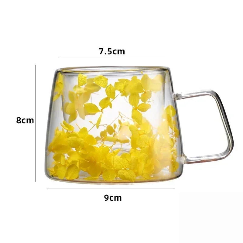 200Ml Double Wall Coffee Mug with Handles Transparent Flowers Clear Milk Cups Fill Artificial Simulation Drinkware Glass for Bar