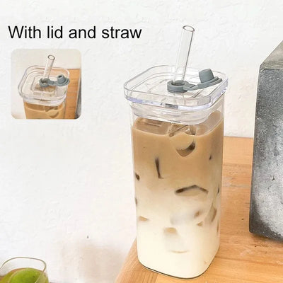 2PCS Square Heat Resistant Coffee Glass Cup with Lid and Straw Transparent Milk Tea Juice Cups Coffee Mug for Home Bar Drinkware