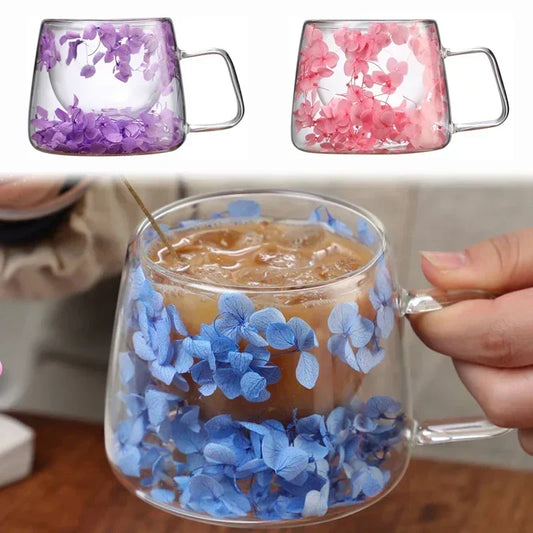 200Ml Double Wall Coffee Mug with Handles Transparent Flowers Clear Milk Cups Fill Artificial Simulation Drinkware Glass for Bar