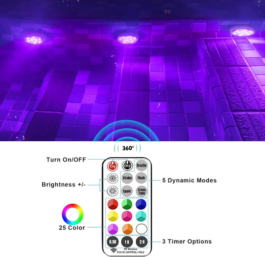 Rechargeable Submersible LED Lights with Remote, USB Color Changing Aquarium Lights with Magnet Suction Cups, Waterproof Underwater Pool Lights for Inground Pool Shower Hot Tub Accessories, 2Packs