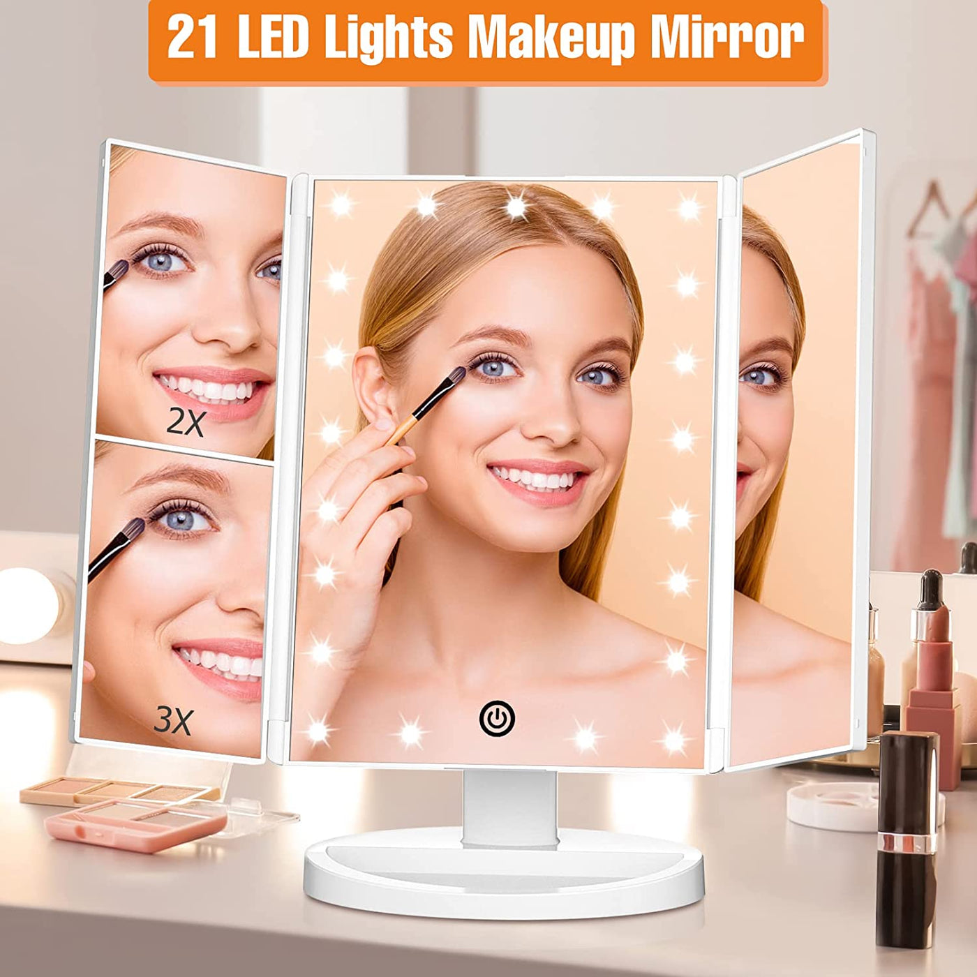 Trifold Vanity Mirror with Lights, Lighted Makeup Mirror 2X/3X Magnification, 21 LED Touch Dimming, Dual Power 180° Rotation Lit Beauty Table Mirror, Make up Mirror with Lighting