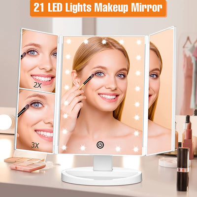 Trifold Vanity Mirror with Lights, Lighted Makeup Mirror 2X/3X Magnification, 21 LED Touch Dimming, Dual Power 180° Rotation Lit Beauty Table Mirror, Make up Mirror with Lighting