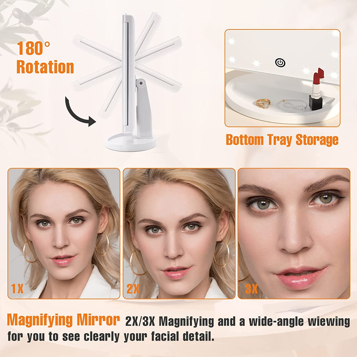 Trifold Vanity Mirror with Lights, Lighted Makeup Mirror 2X/3X Magnification, 21 LED Touch Dimming, Dual Power 180° Rotation Lit Beauty Table Mirror, Make up Mirror with Lighting