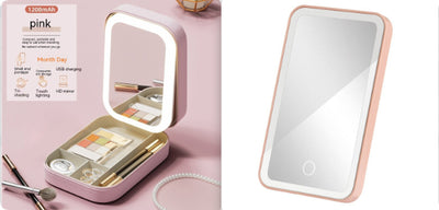 Makeup Storage Box with LED Light Mirror Portable Travel Makeup Cosmetics Storage Box Touch Light Storage Organizer